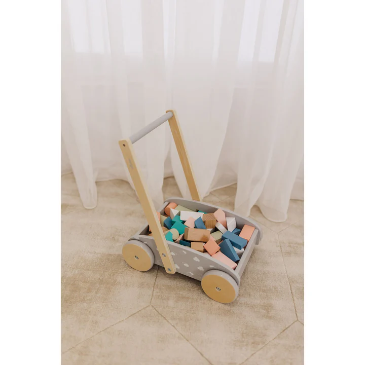 (PRE-ORDER) Bubble Wooden Baby Push Cart & Walker with 45 Building Blocks | Play & Activity Essentials