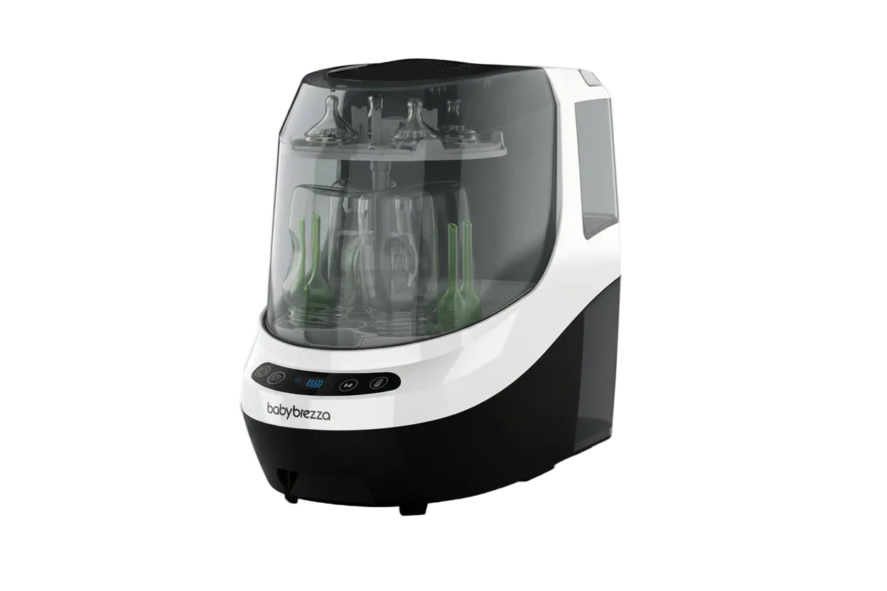 Baby bottle sterilizer with bottles inside on a white background